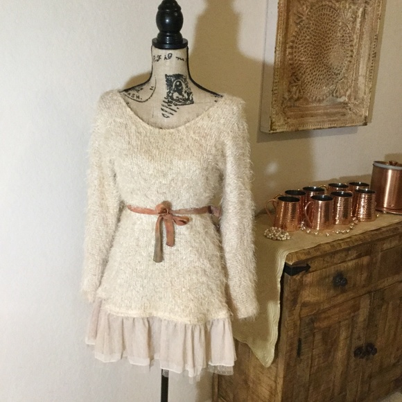 Ryu Dresses & Skirts - Soft, fuzzy A-line Sweater Dress w/Lace Trim